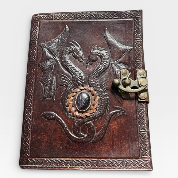 Handmade Leather Double Dragon Amethyst Stone Journal - Picture 1 of 12